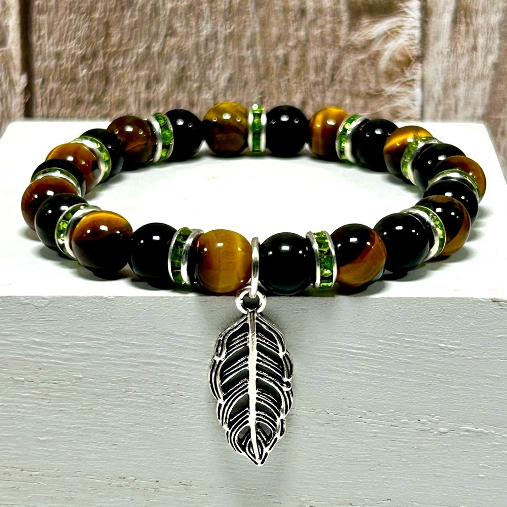Handmade Beaded Bracelet with Feather Charm and Tiger Eye Stones